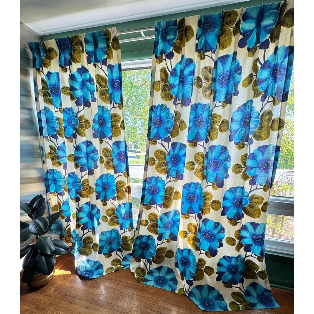 Vintage pleated curtain, huge blue green floral, thick oversized panel, for each